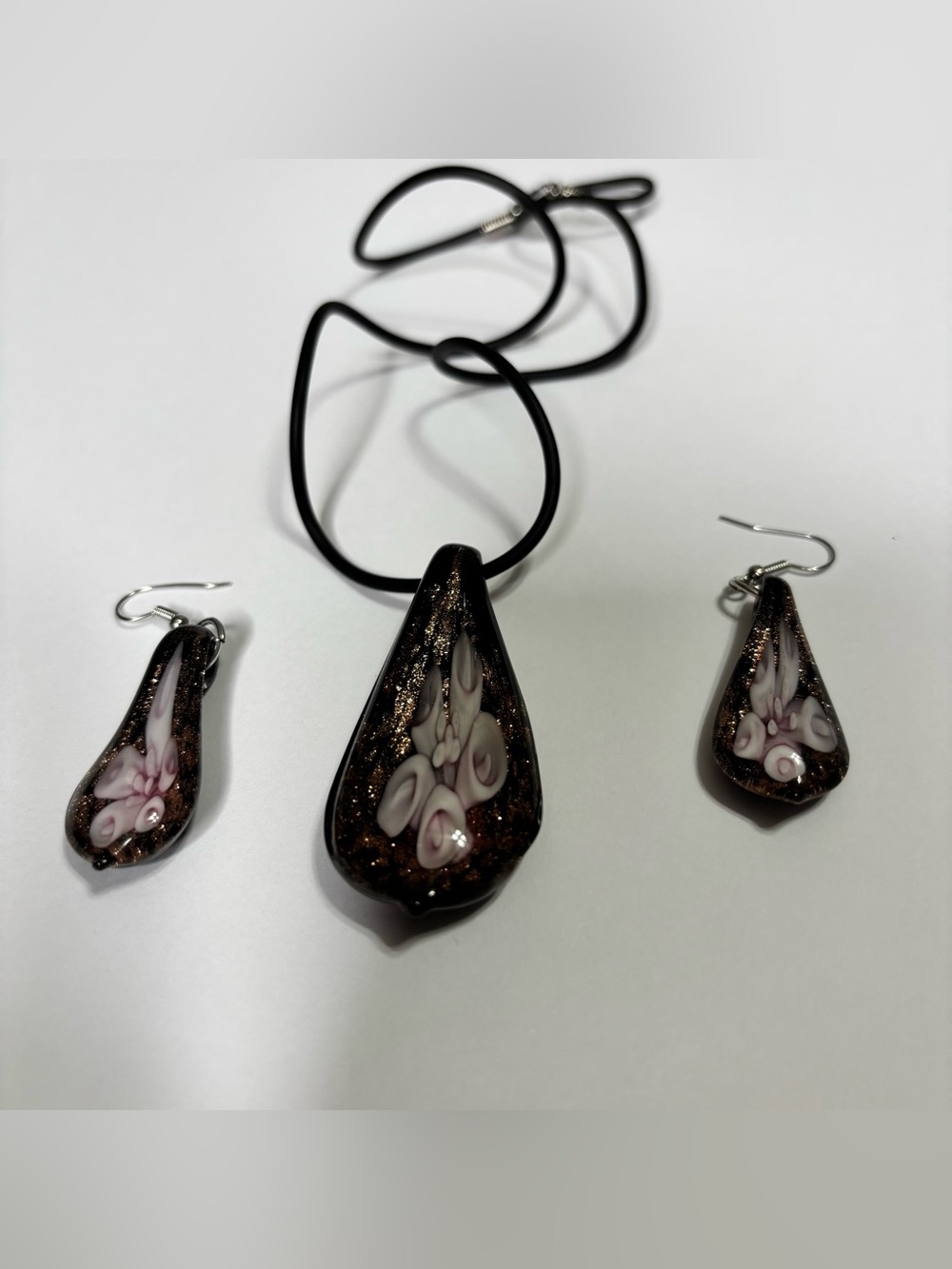Handblown Black & white Glass  w/ Copper Glitter Teardrop Necklace & Earring Set